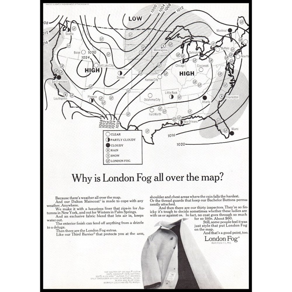 1965 London Fog Trench Coat Vintage Print Ad USA American Weather Map Wall Art